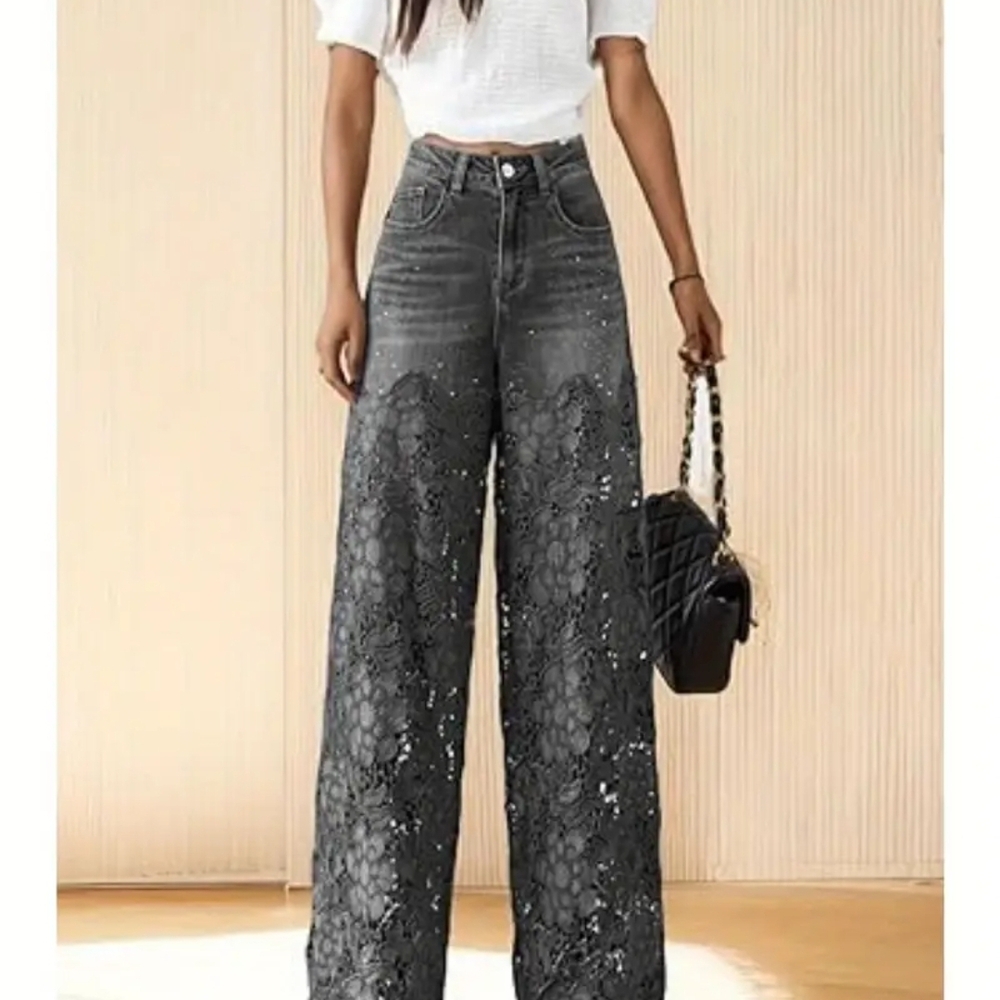 Stylish Gray Wide-Leg Women'S High-Waisted Lace Patchwork Denim Drape SIZE 10/12